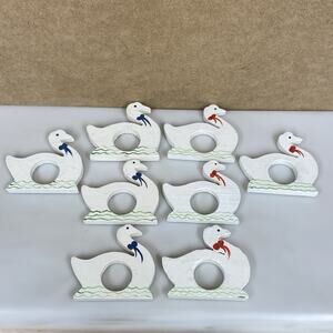 Vtg Goose Swan Duck Napkin Rings Wood White Bows Ribbons Dining Set of 8